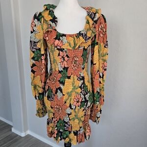 Farm Rio Garden Flower Exclusive Smocked Long Sleeve Mini Dress Ruffled Sz S